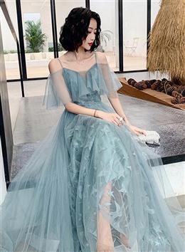 Picture of Green Sweetheart Lace Tulle Long Party Dresses, Green A-line Evening Dress